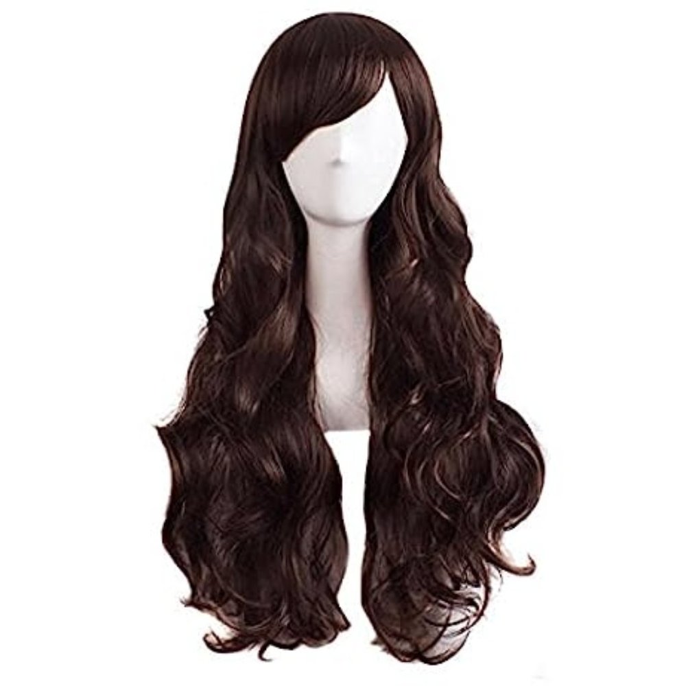 28 inch/70 cm Long Wavy Hair with Swept Bangs Mahongany Medium B…